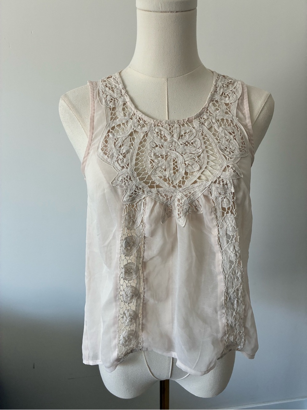Lush Sleeveless Lace Yoke Women’s Sheer Coquette Tank Top in Blush